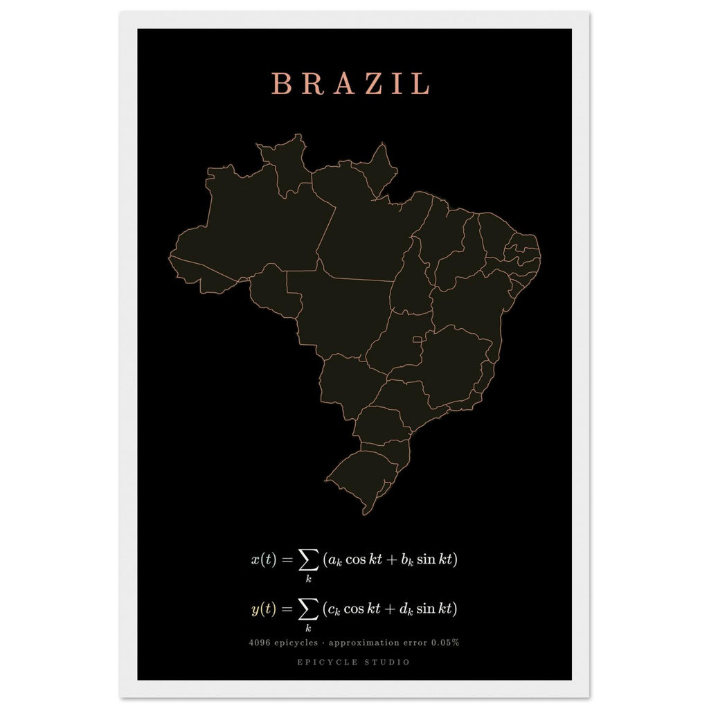 Brazil map drawn by 4096 rotating circles, salmon line art on a framed poster (4)