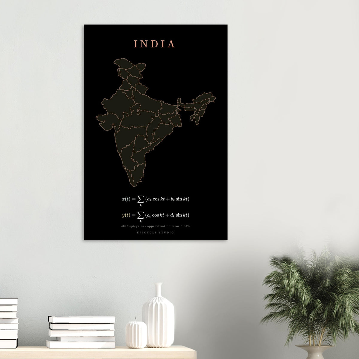 India map drawn by 4096 rotating circles, salmon line art on a matte poster (6)