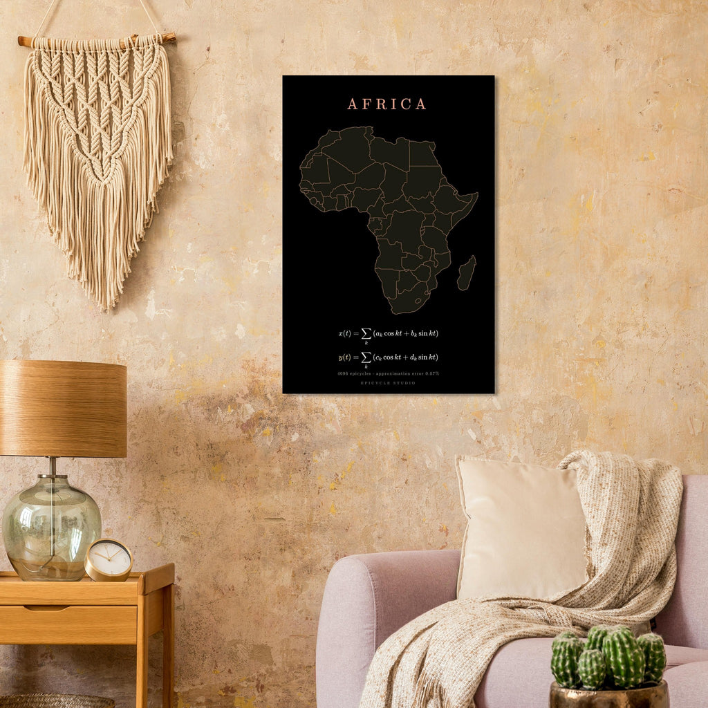 Africa map drawn by 4096 rotating circles, salmon line art on a matte poster (8)