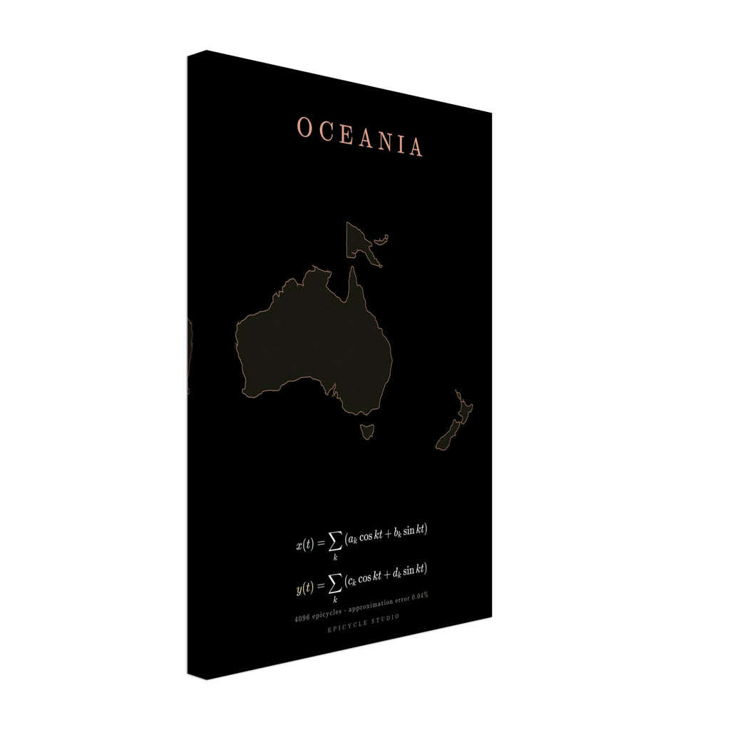 Oceania map drawn by 4096 rotating circles, salmon line art on a canvas print (3)
