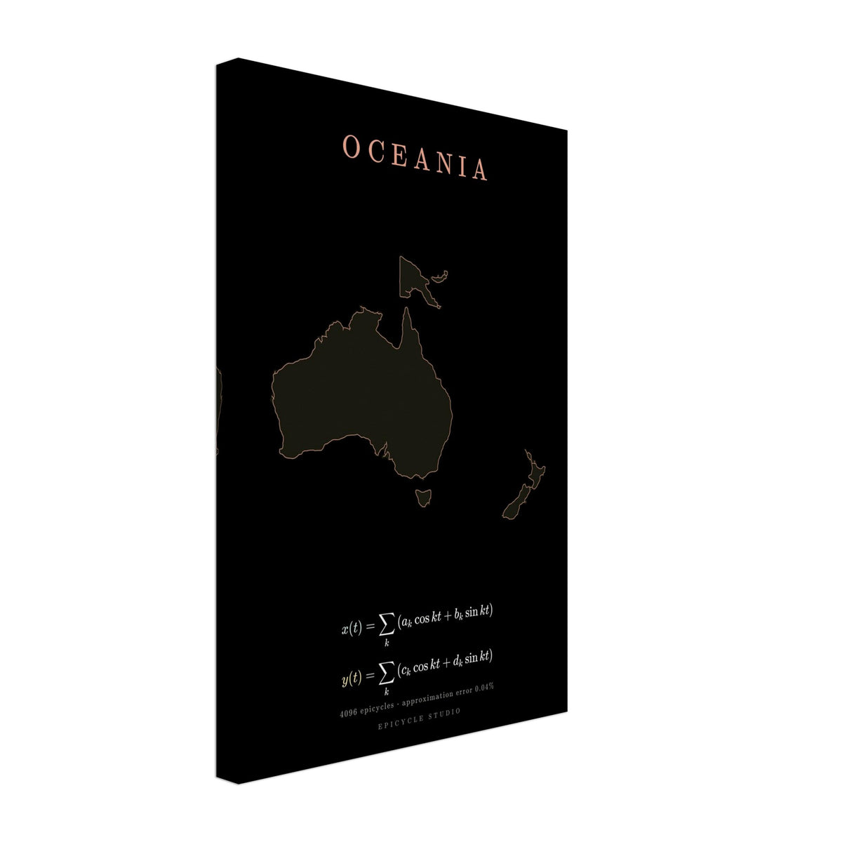 Oceania map drawn by 4096 rotating circles, salmon line art on a canvas print (3)