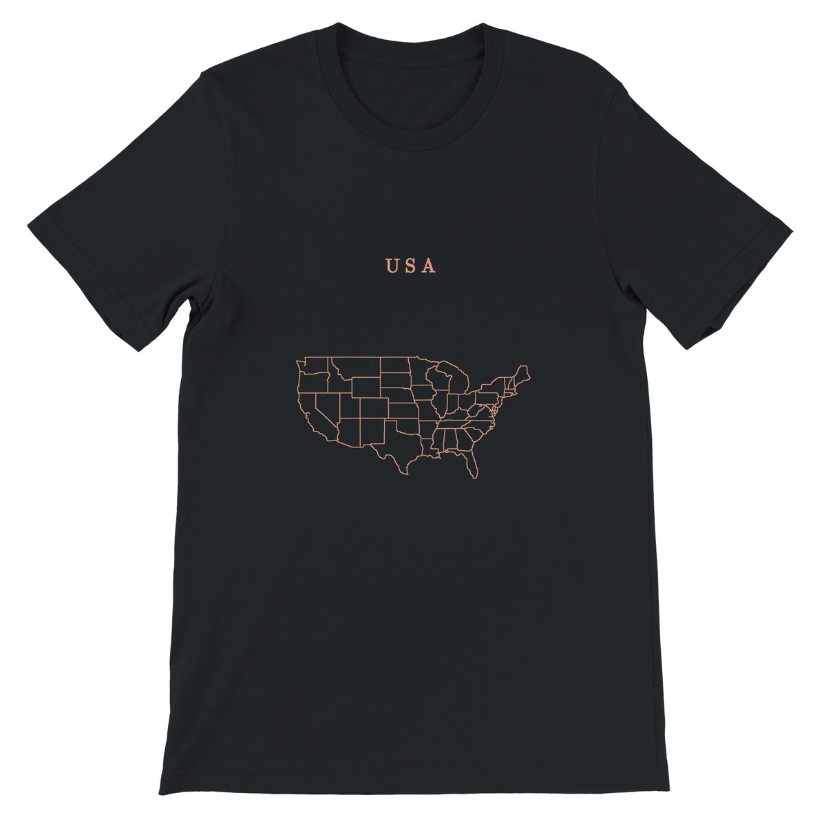 USA map drawn by 4096 rotating circles, salmon line art on a black t-shirt (2)
