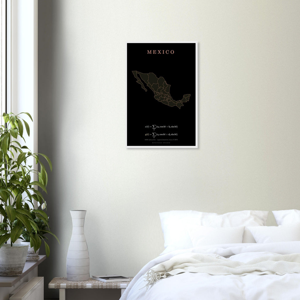 Mexico map drawn by 4096 rotating circles, salmon line art on a framed poster (9)