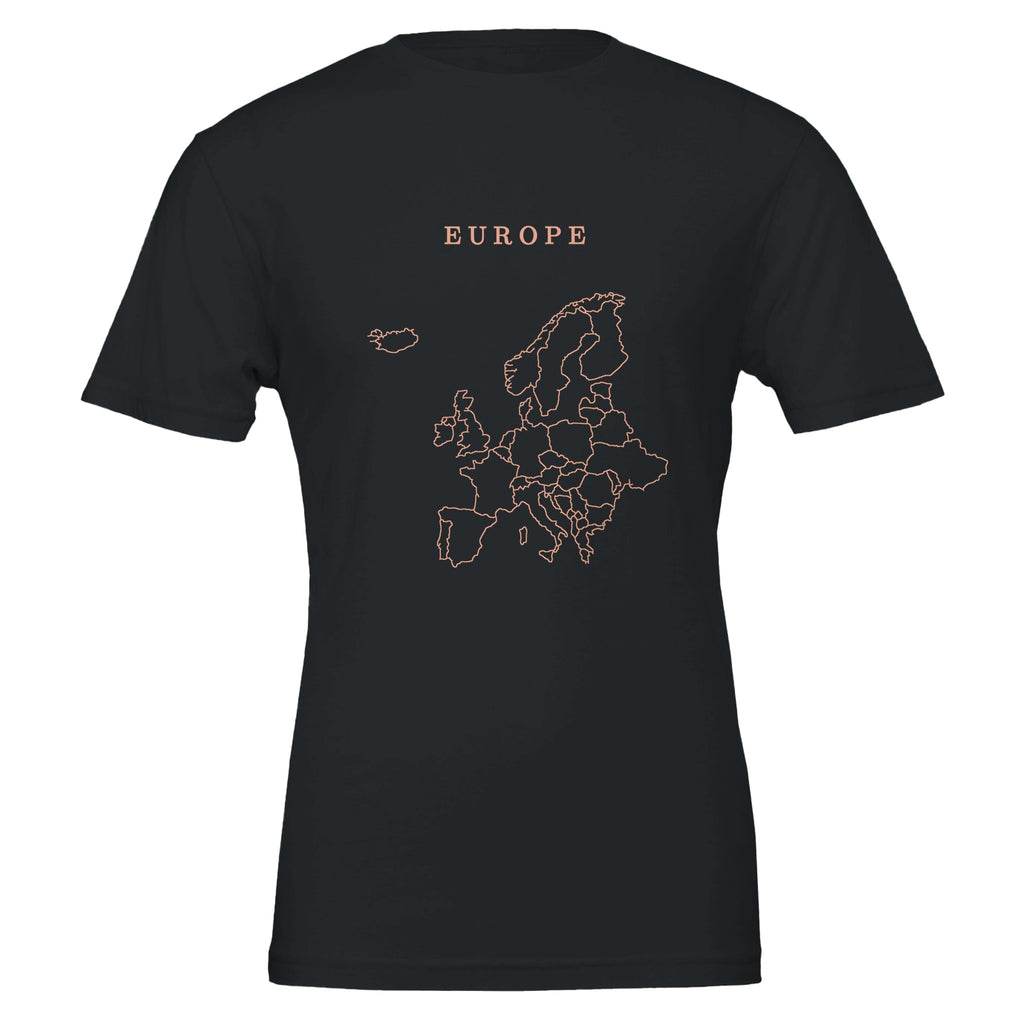 Europe map drawn by 4096 rotating circles, salmon line art on a black t-shirt