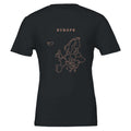 Europe map drawn by 4096 rotating circles, salmon line art on a black t-shirt
