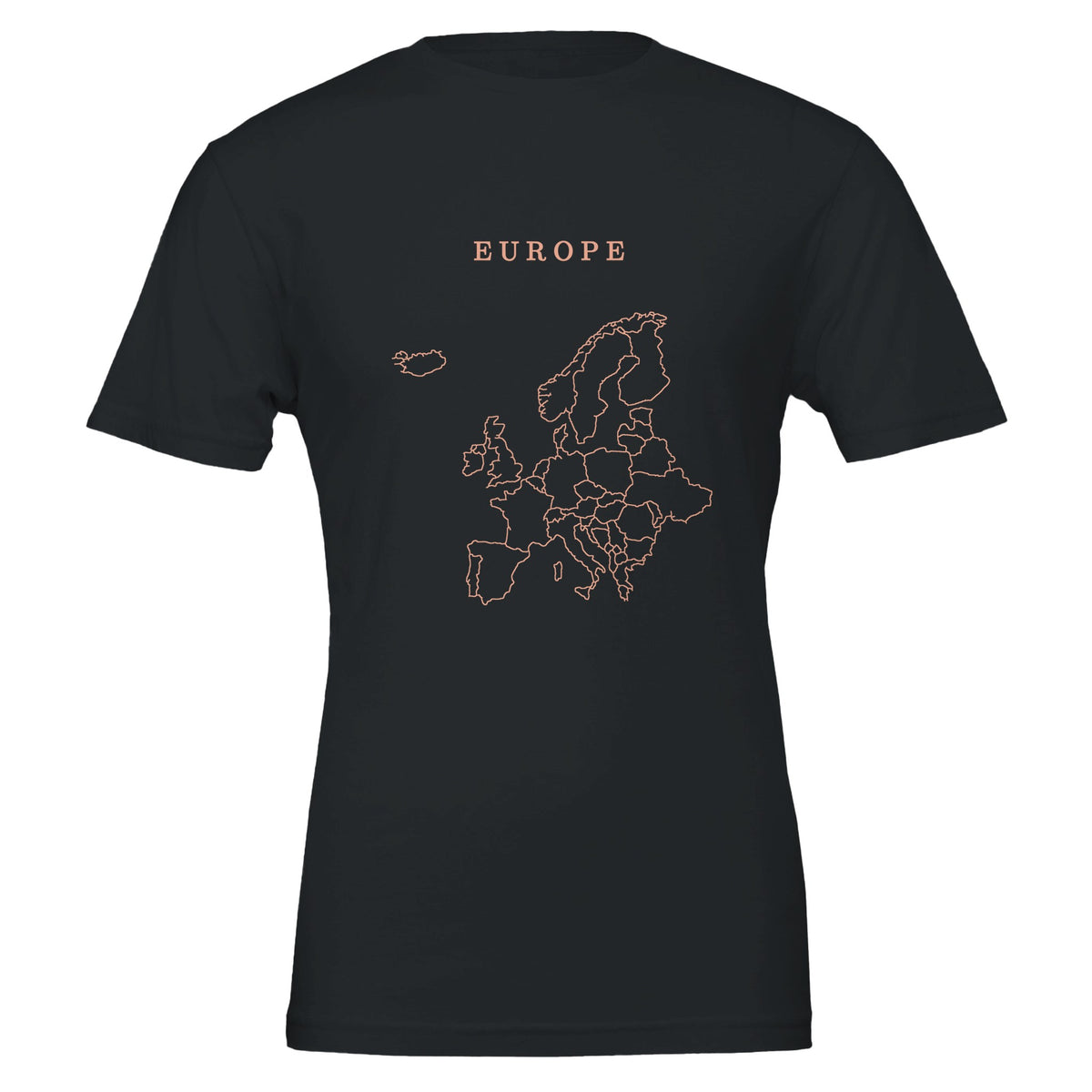 Europe map drawn by 4096 rotating circles, salmon line art on a black t-shirt