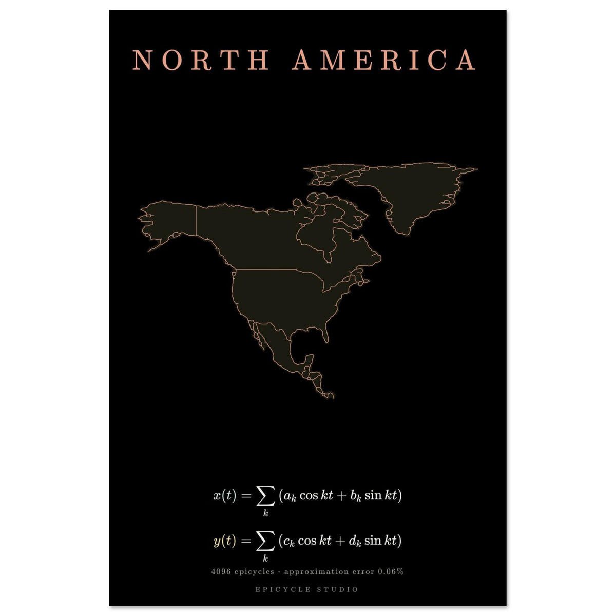 North America map drawn by 4096 rotating circles, salmon line art on a matte poster (3)