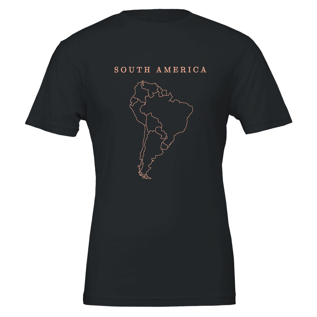 South America map drawn by 4096 rotating circles, salmon line art on a black t-shirt