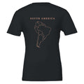 South America map drawn by 4096 rotating circles, salmon line art on a black t-shirt