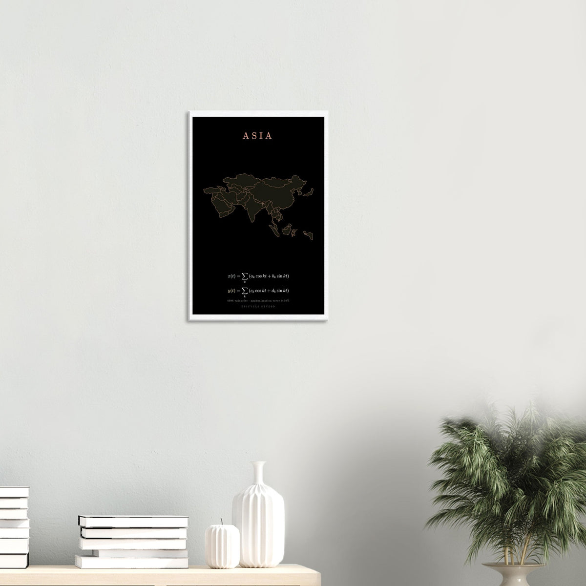 Asia map drawn by 4096 rotating circles, salmon line art on a canvas print (5)