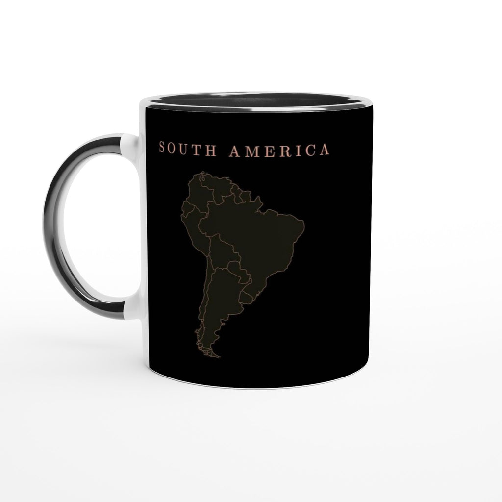 South America map drawn by 4096 rotating circles, salmon line art on a black mug (2)