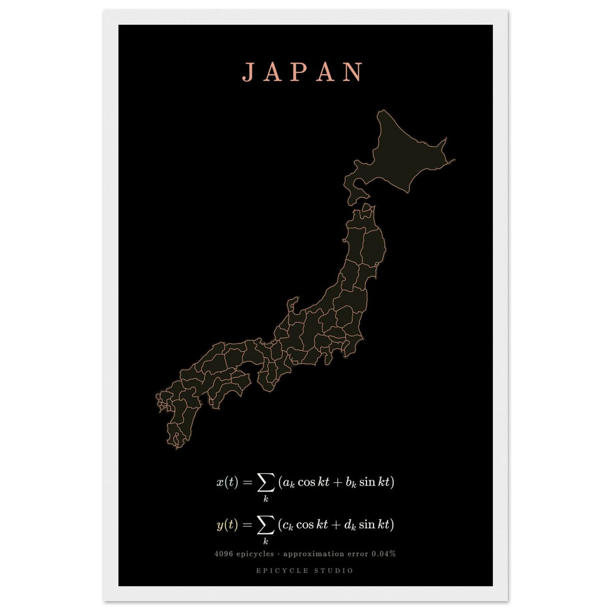 Japan map drawn by 4096 rotating circles, salmon line art on a framed poster (4)