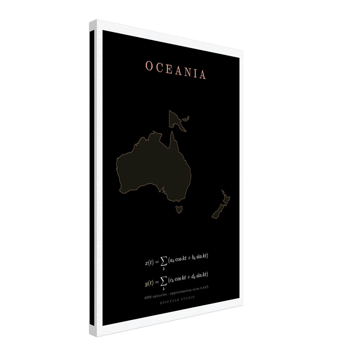Oceania map drawn by 4096 rotating circles, salmon line art on a canvas print (2)