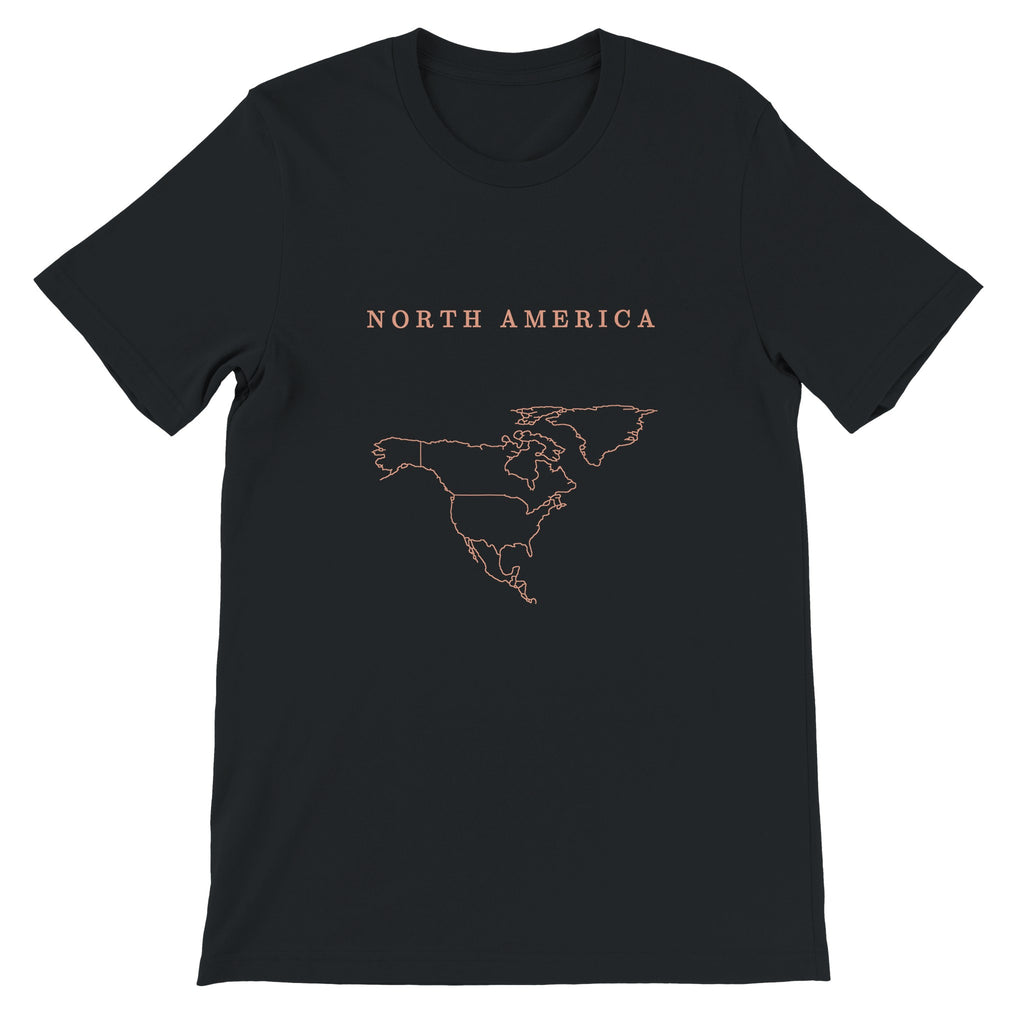 North America map drawn by 4096 rotating circles, salmon line art on a black t-shirt (2)