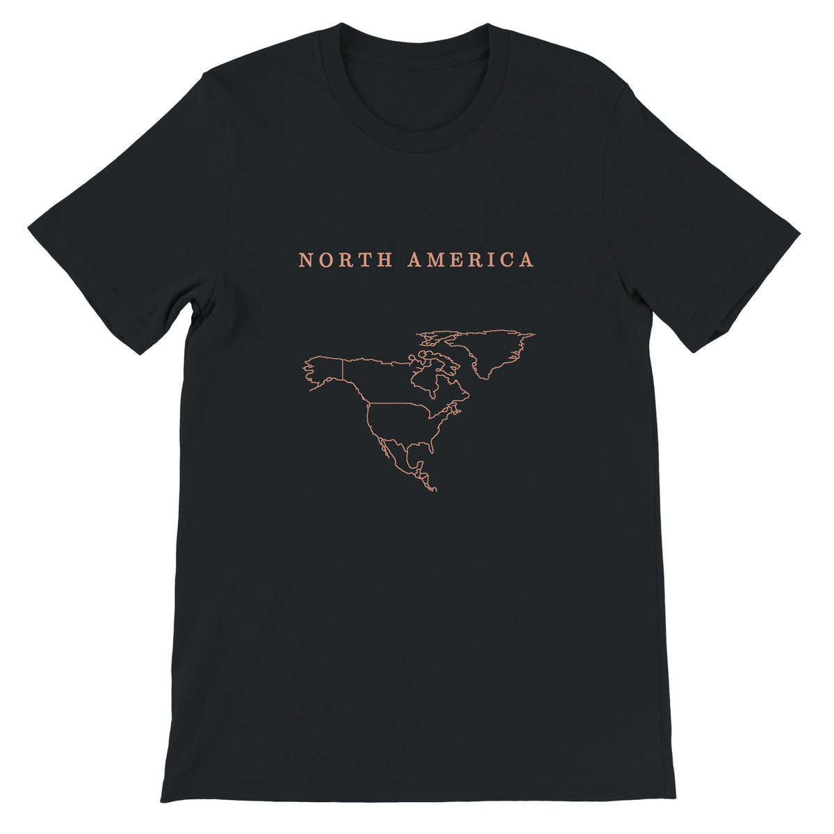 North America map drawn by 4096 rotating circles, salmon line art on a black t-shirt (2)