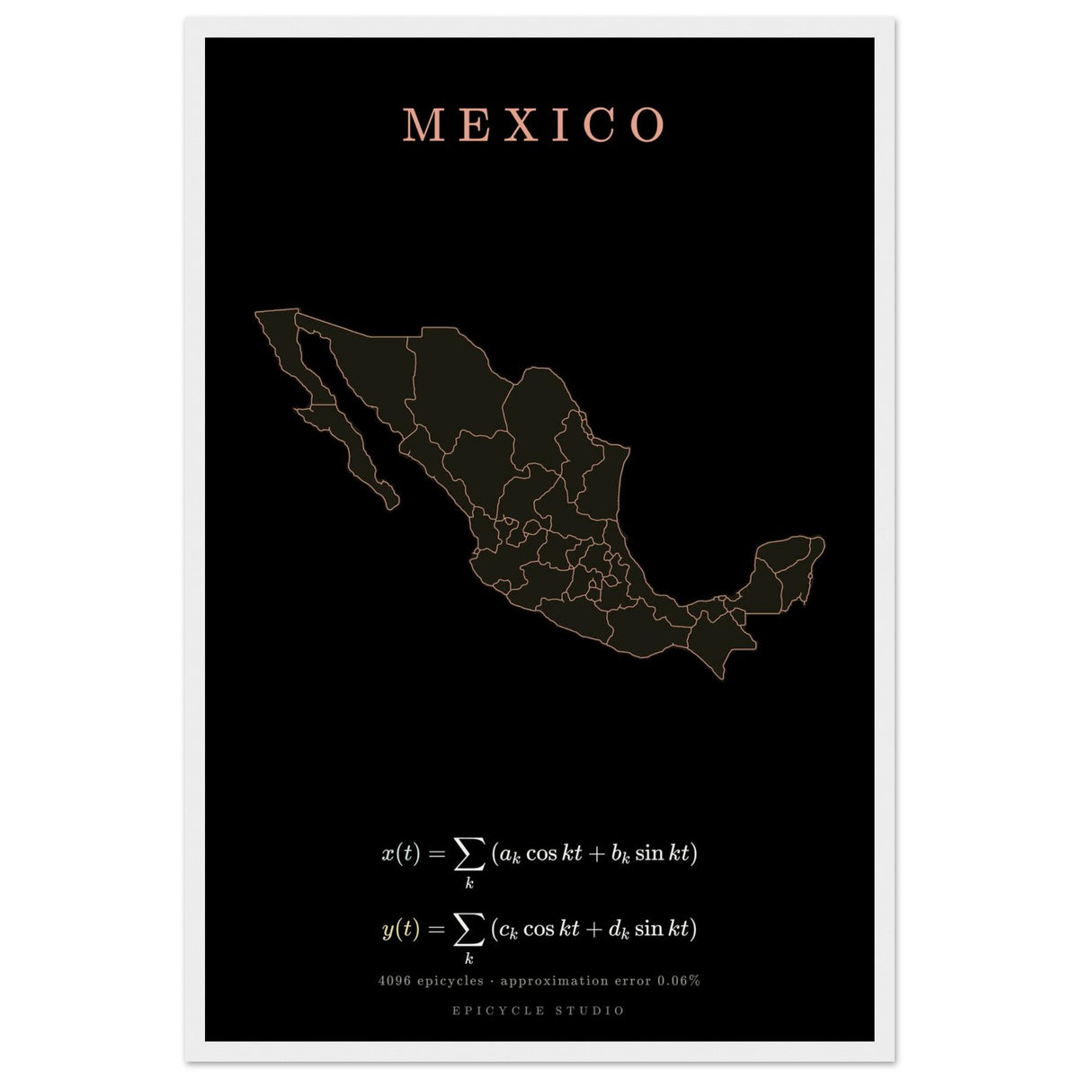 Mexico map drawn by 4096 rotating circles, salmon line art on a framed poster (2)