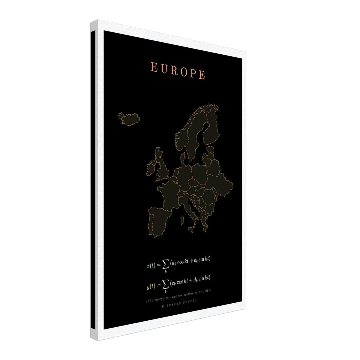 Europe map drawn by 4096 rotating circles, salmon line art on a canvas print (2)