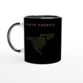 North America map drawn by 4096 rotating circles, salmon line art on a black mug (2)