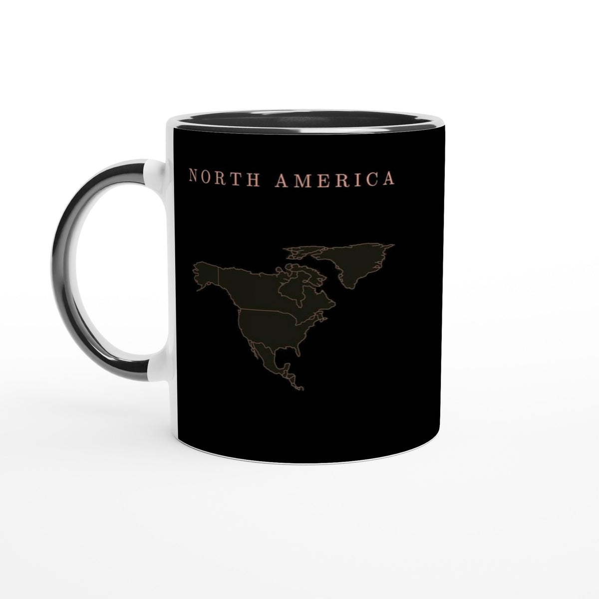 North America map drawn by 4096 rotating circles, salmon line art on a black mug (2)