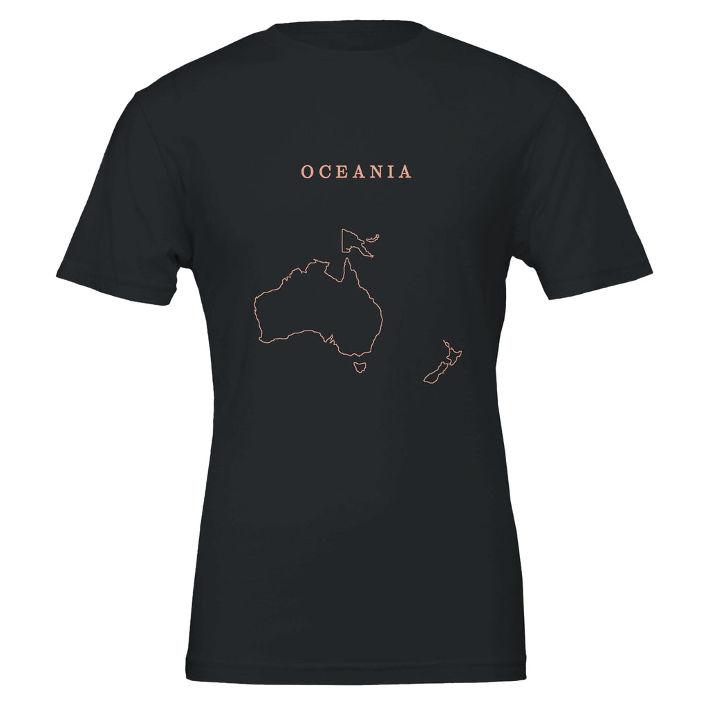 Oceania map drawn by 4096 rotating circles, salmon line art on a black t-shirt