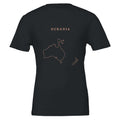 Oceania map drawn by 4096 rotating circles, salmon line art on a black t-shirt