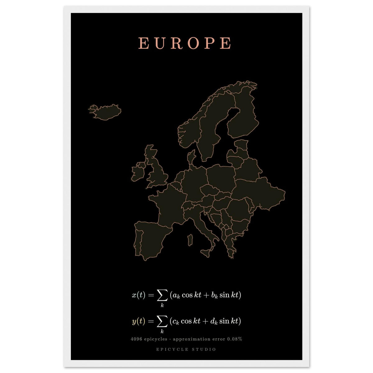 Europe map drawn by 4096 rotating circles, salmon line art on a framed poster (2)