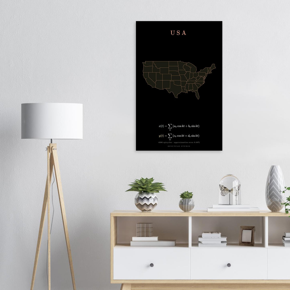 USA map drawn by 4096 rotating circles, salmon line art on a matte poster (7)