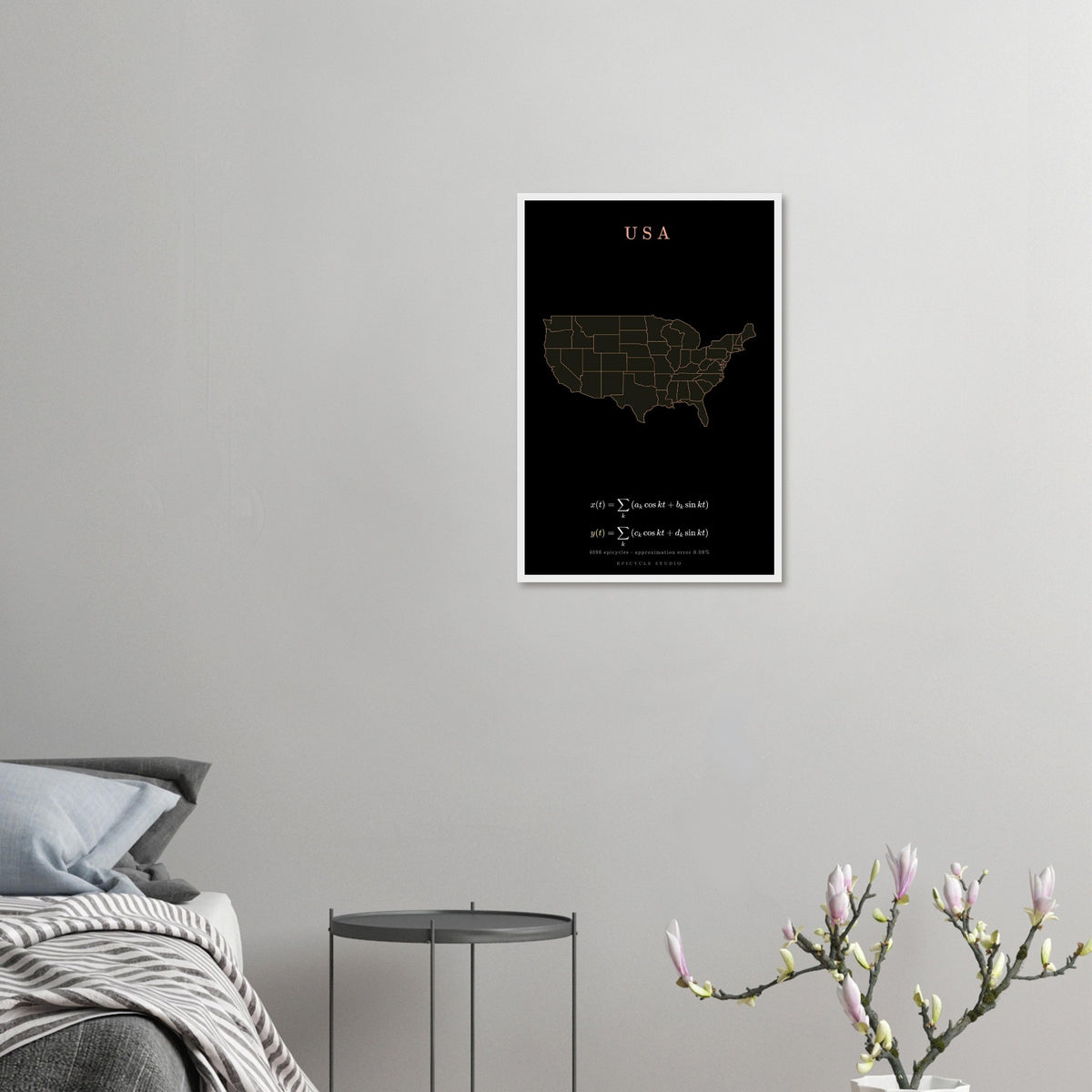 USA map drawn by 4096 rotating circles, salmon line art on a framed poster (6)