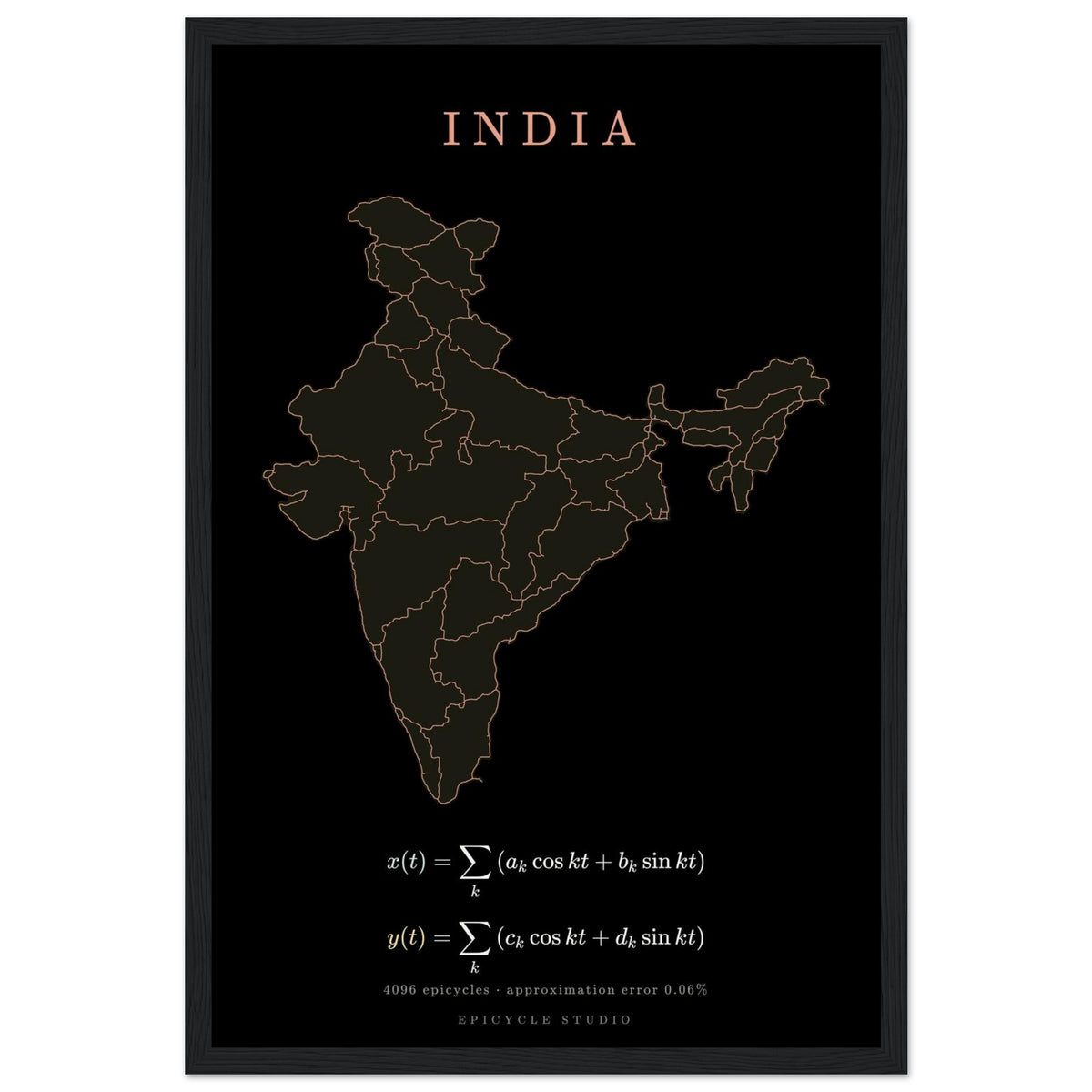 India map drawn by 4096 rotating circles, salmon line art on a framed poster