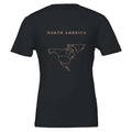 North America map drawn by 4096 rotating circles, salmon line art on a black t-shirt