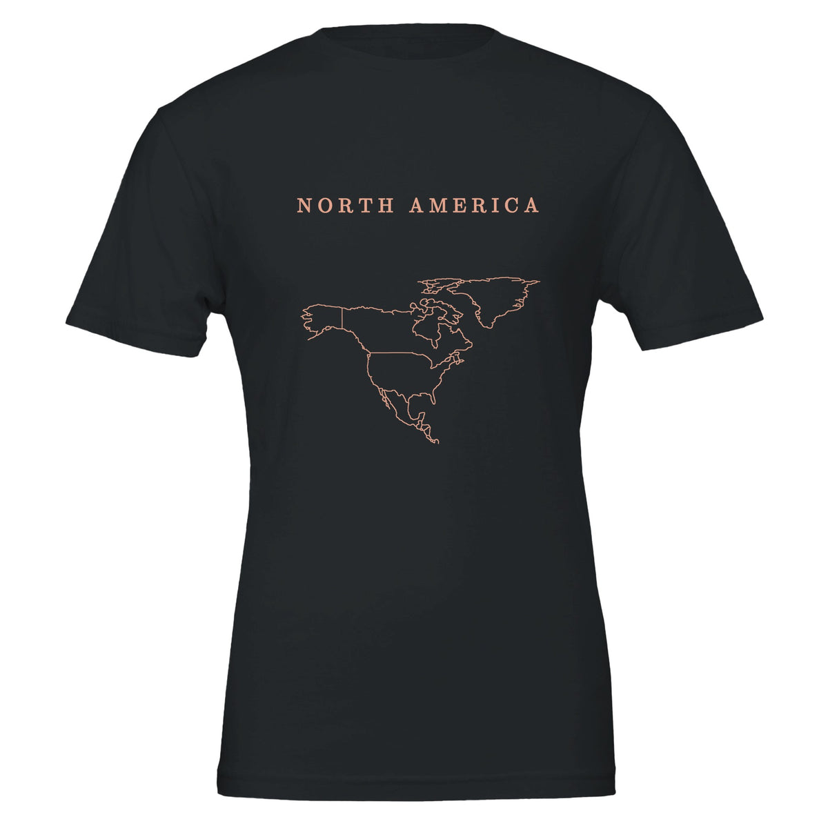 North America map drawn by 4096 rotating circles, salmon line art on a black t-shirt