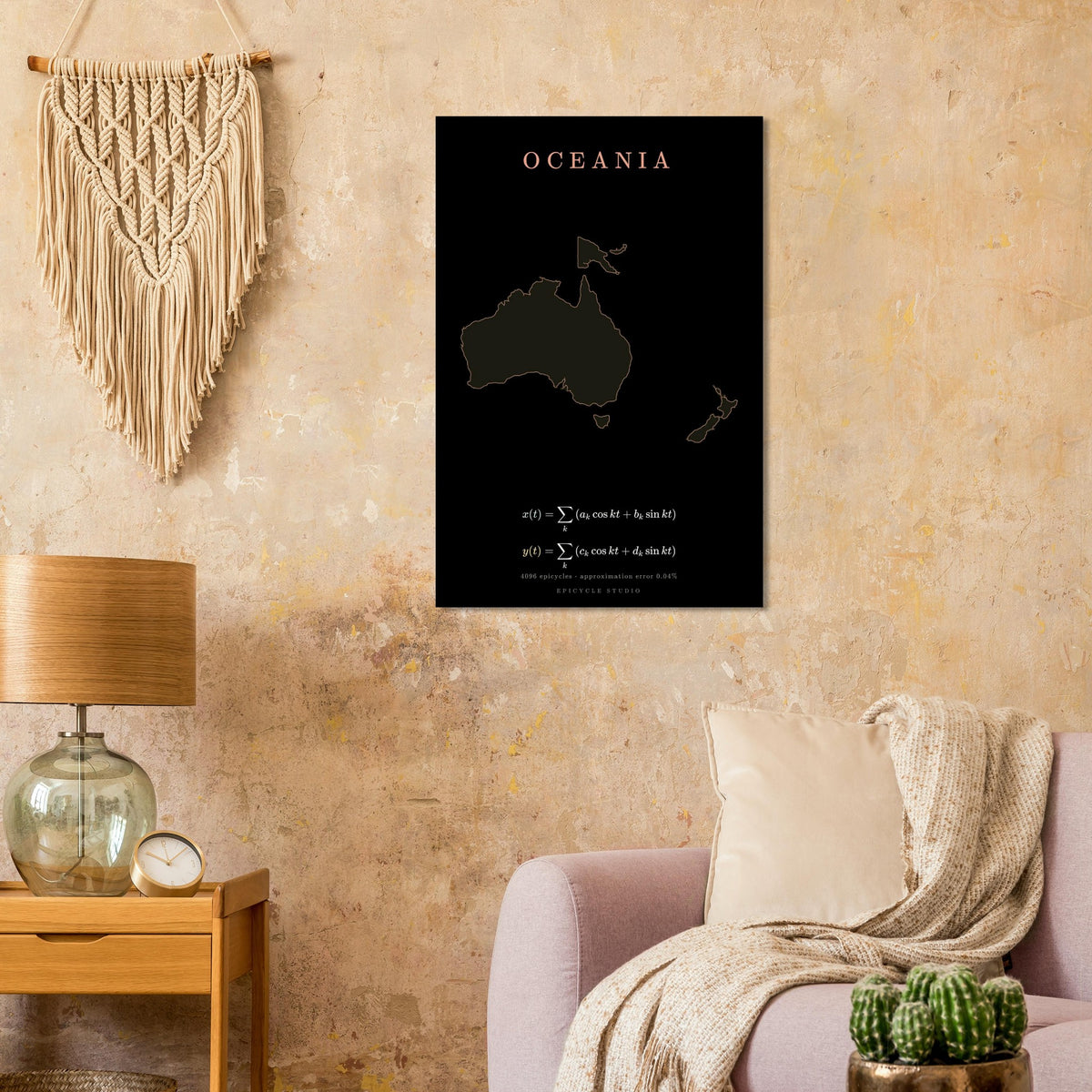Oceania map drawn by 4096 rotating circles, salmon line art on a matte poster (8)