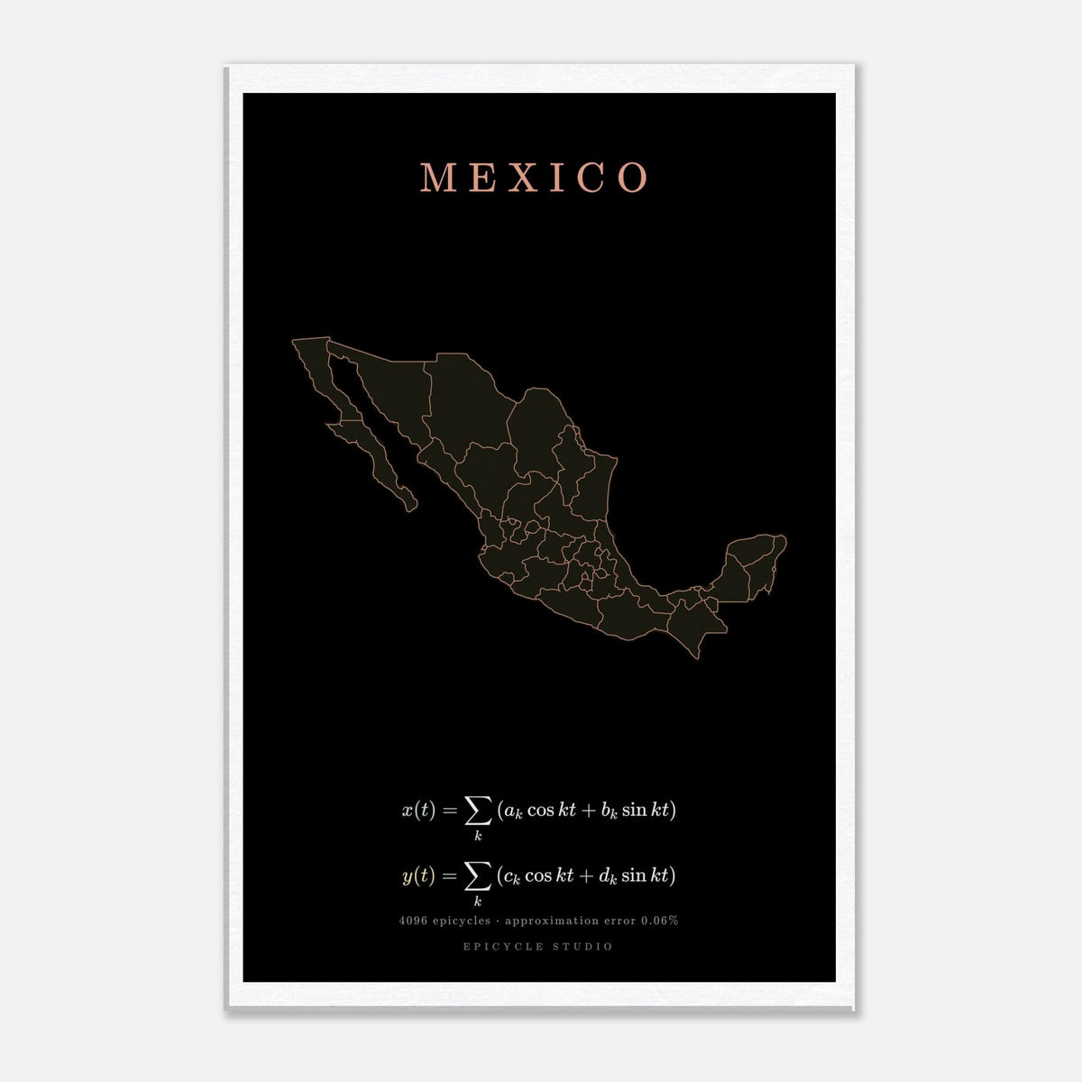 Mexico map drawn by 4096 rotating circles, salmon line art on a canvas print