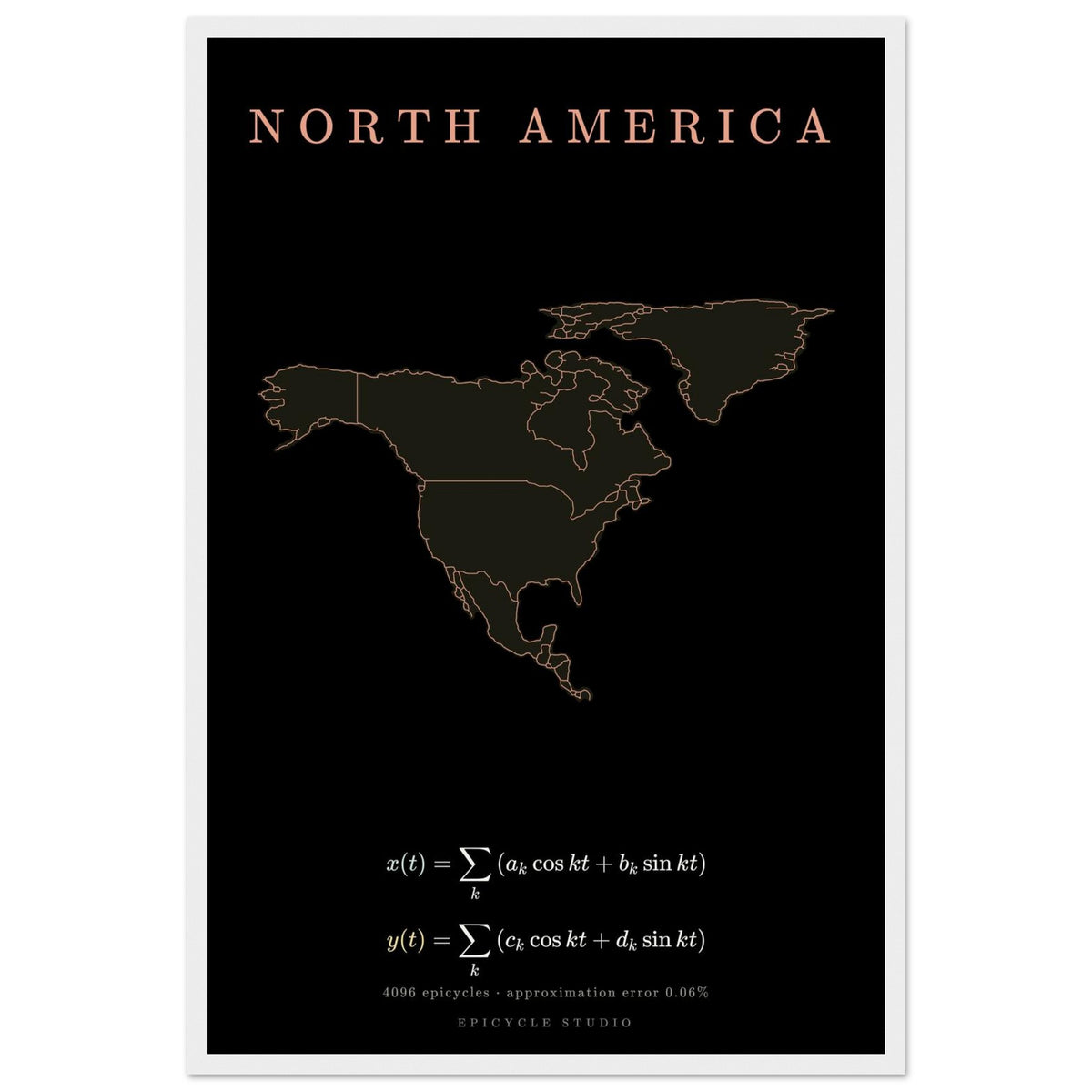 North America map drawn by 4096 rotating circles, salmon line art on a framed poster (2)