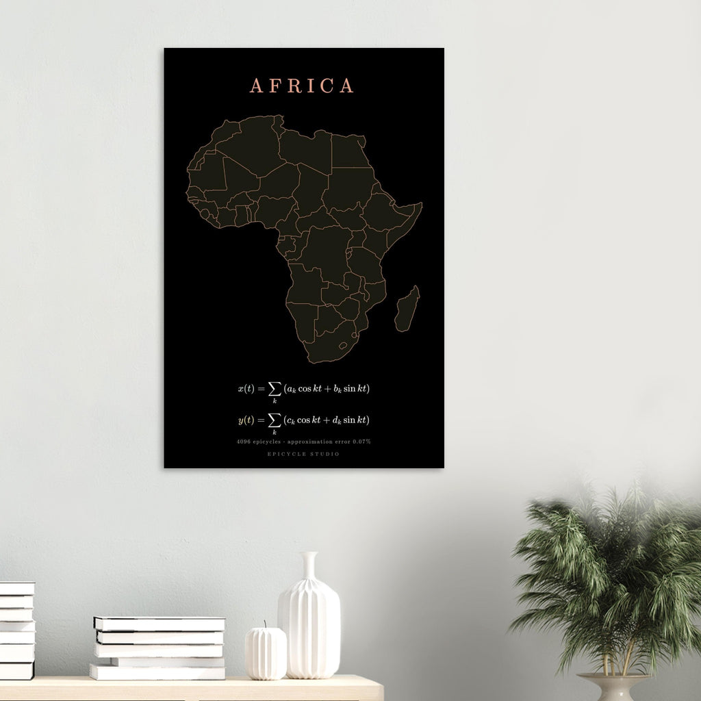 Africa map drawn by 4096 rotating circles, salmon line art on a matte poster (6)