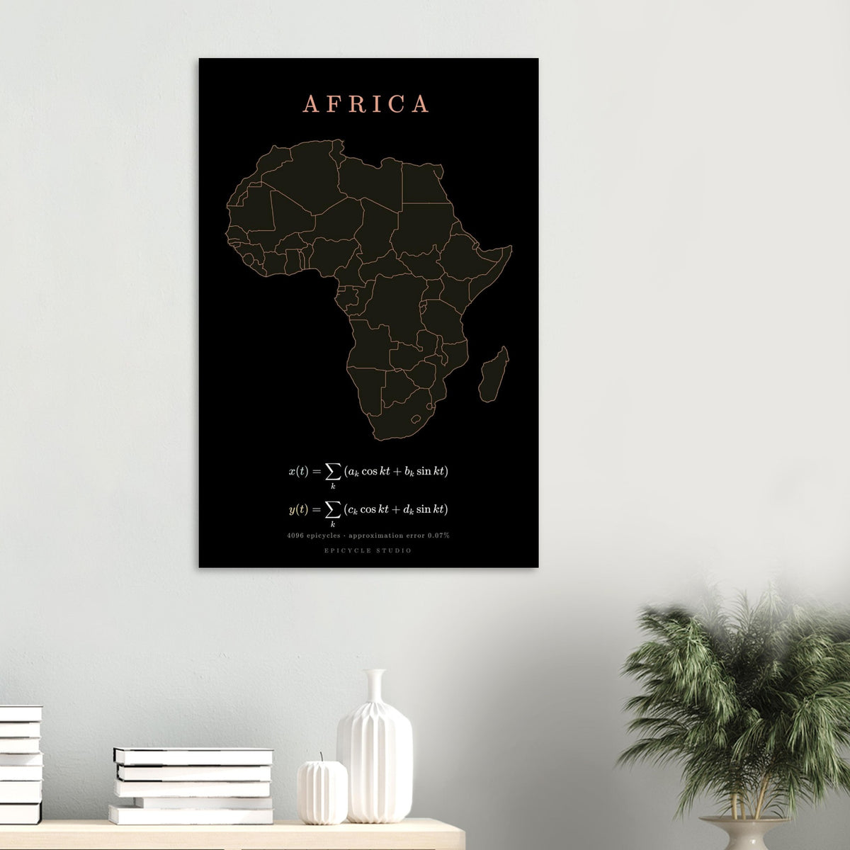 Africa map drawn by 4096 rotating circles, salmon line art on a matte poster (6)