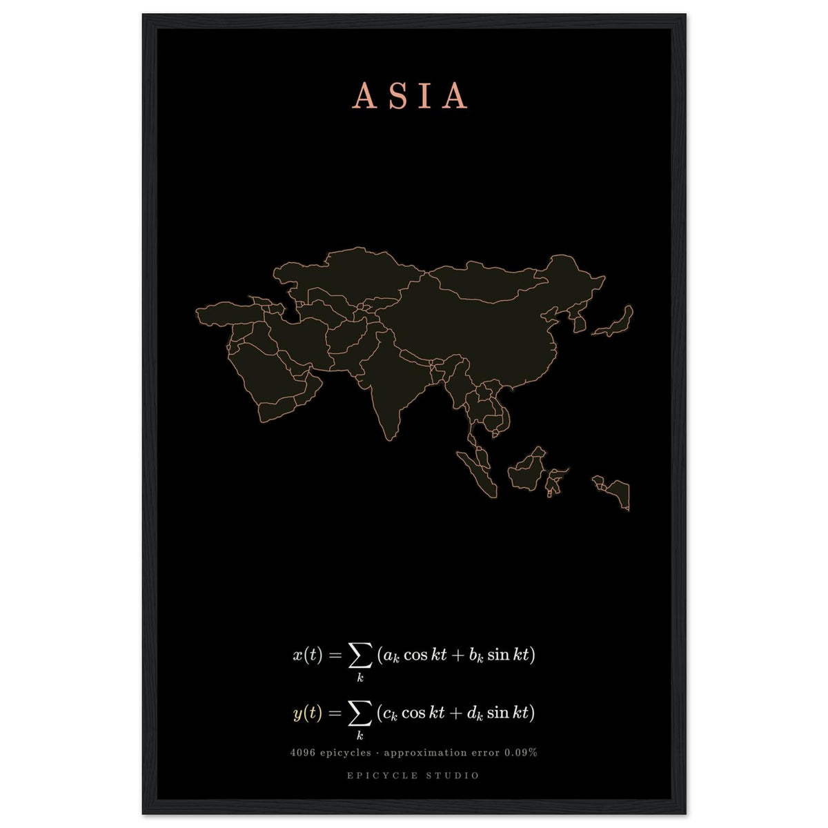 Asia map drawn by 4096 rotating circles, salmon line art on a framed poster (3)