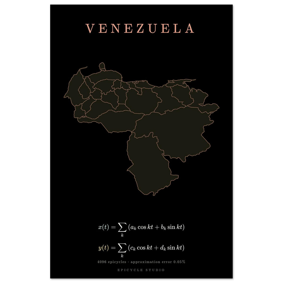 Venezuela map drawn by 4096 rotating circles, salmon line art on a matte poster (4)