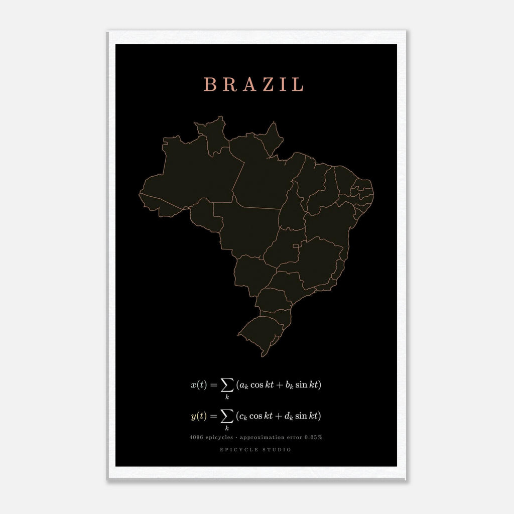 Brazil map drawn by 4096 rotating circles, salmon line art on a canvas print