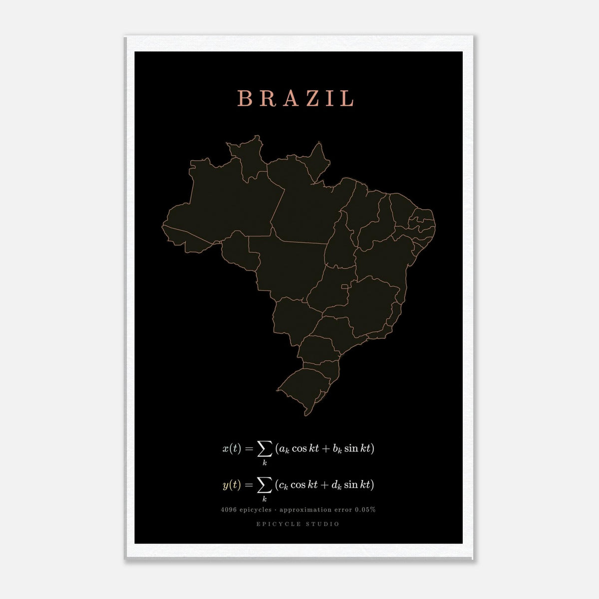 Brazil map drawn by 4096 rotating circles, salmon line art on a canvas print