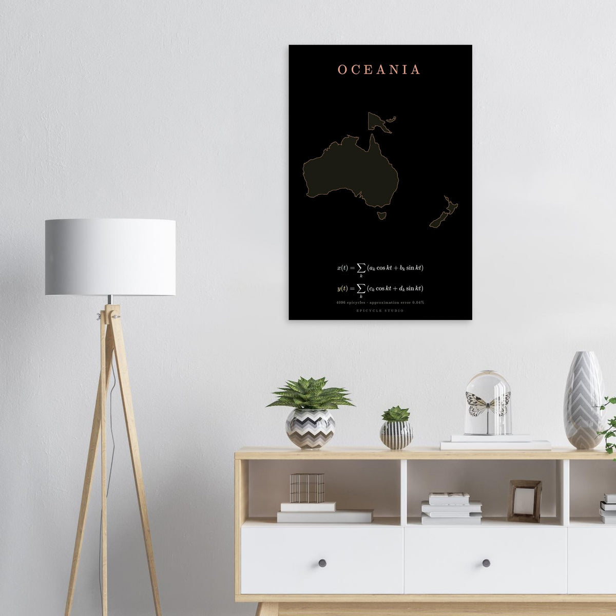 Oceania map drawn by 4096 rotating circles, salmon line art on a matte poster (7)