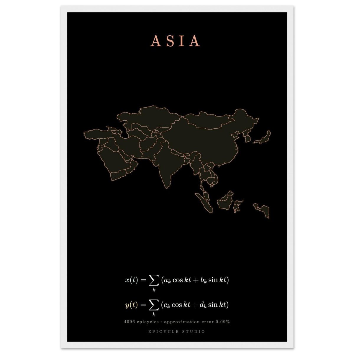 Asia map drawn by 4096 rotating circles, salmon line art on a framed poster (2)