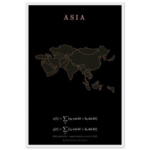 Asia map drawn by 4096 rotating circles, salmon line art on a framed poster (2)