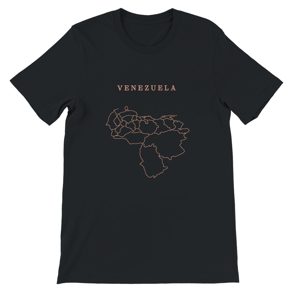 Venezuela map drawn by 4096 rotating circles, salmon line art on a black t-shirt (2)
