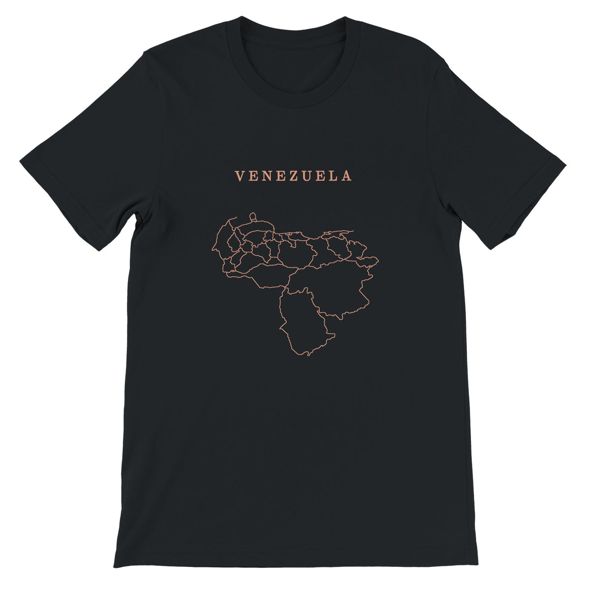 Venezuela map drawn by 4096 rotating circles, salmon line art on a black t-shirt (2)