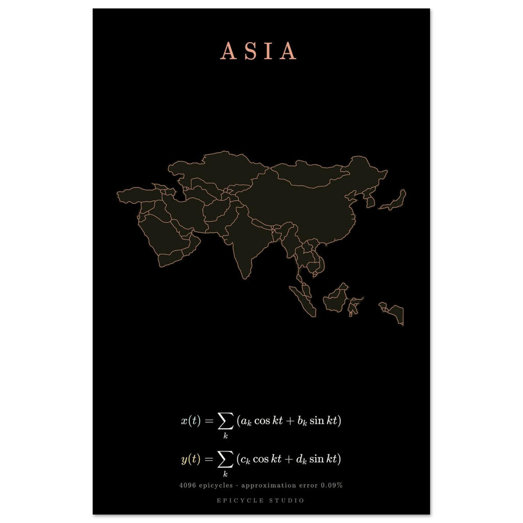 Asia map drawn by 4096 rotating circles, salmon line art on a matte poster (3)