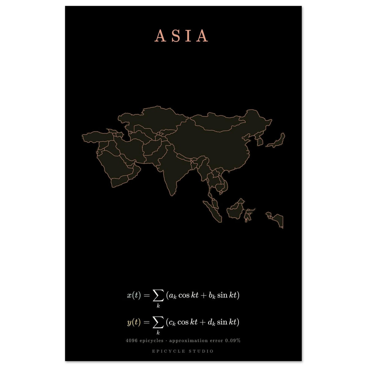 Asia map drawn by 4096 rotating circles, salmon line art on a matte poster (3)