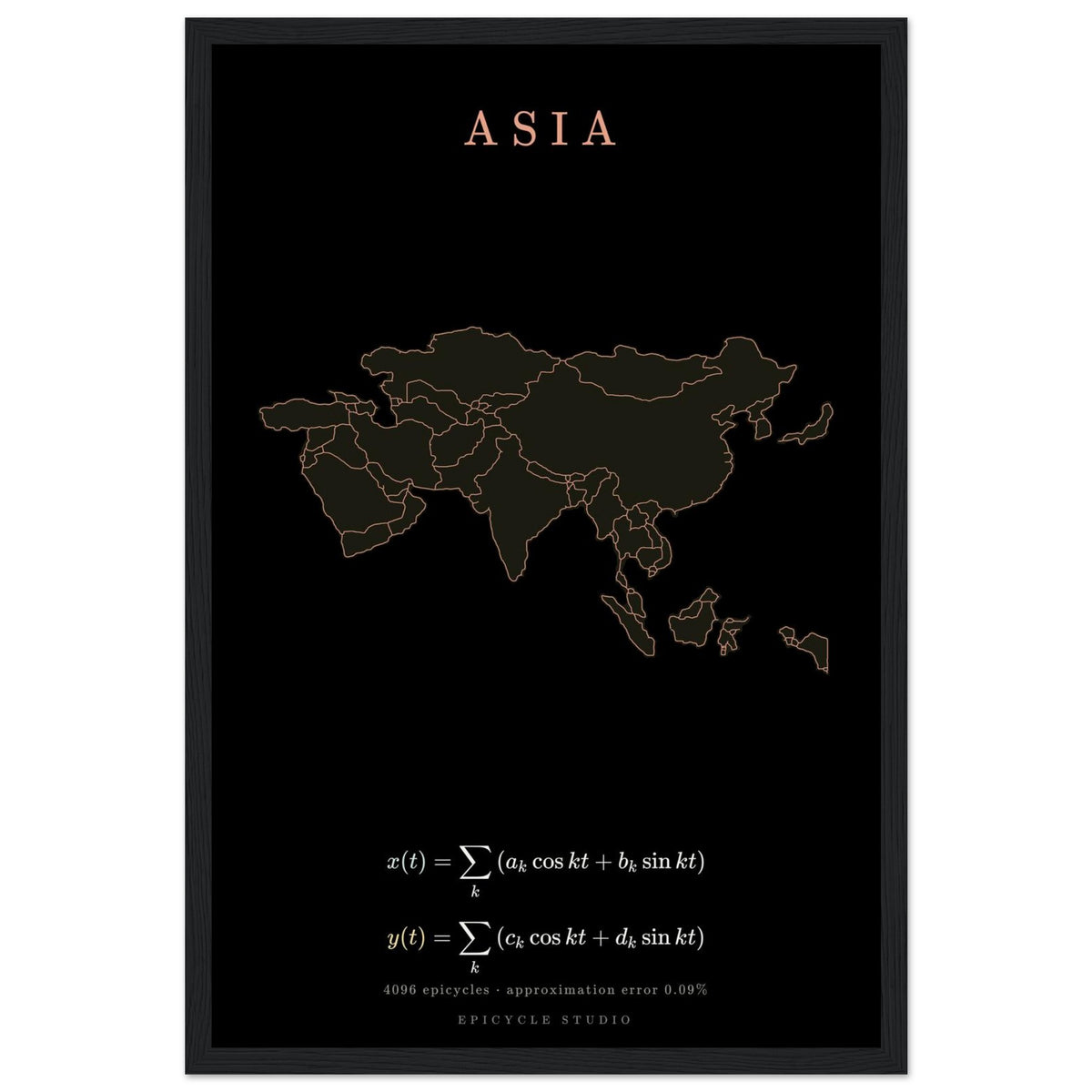 Asia map drawn by 4096 rotating circles, salmon line art on a framed poster