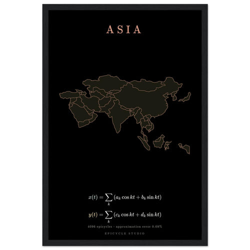 Asia map drawn by 4096 rotating circles, salmon line art on a framed poster