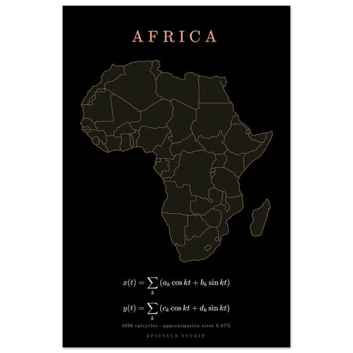 Africa map drawn by 4096 rotating circles, salmon line art on a matte poster (2)